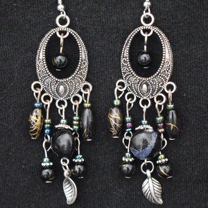 Retro Bohemian style silver tassel earrings - Black beads